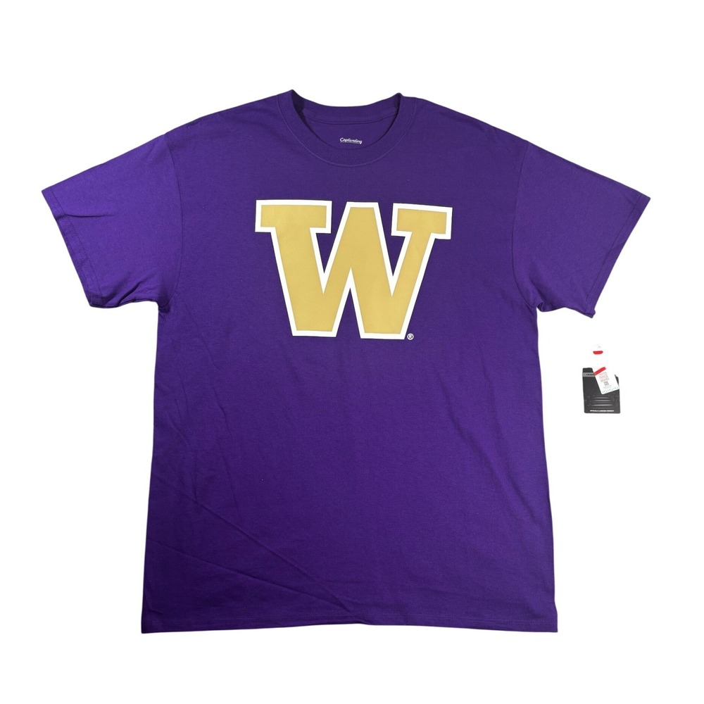 Captivating Washington Huskies NCAA T-Shirt Mens Large Purple Gold W Logo NEW